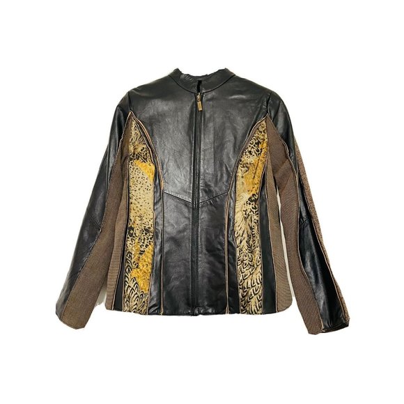 KOOS OF COURSE ART TO WEAR MOTO JACKET Tweed Animal Print Leather BLAZER Medium - Picture 5 of 11